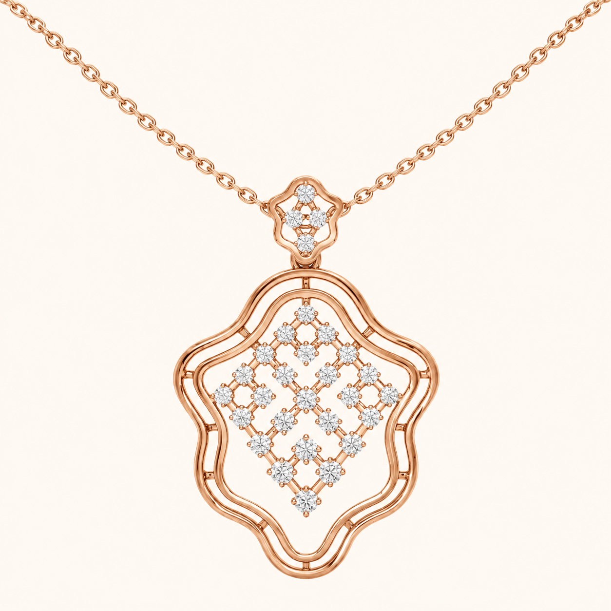 Rose gold necklace with an openwork geometric pendant featuring a diamond-patterned center, displayed on a light cream background.
