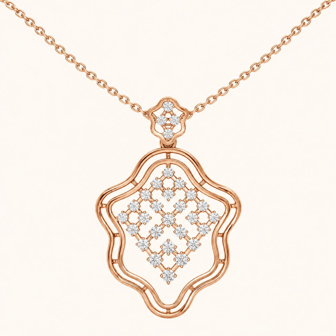 Rose gold necklace with an openwork geometric pendant featuring a diamond-patterned center, displayed on a light cream background.