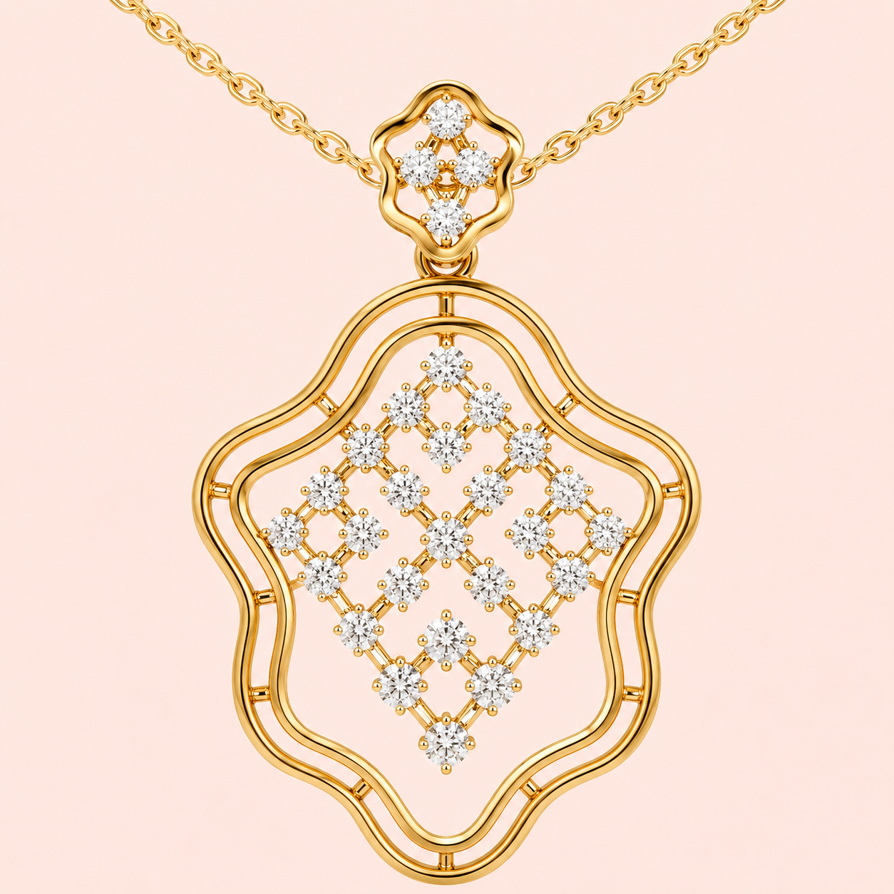 A gold pendant necklace featuring a large, openwork quatrefoil-shaped pendant adorned with a diamond-patterned diamond lattice, suspended from a delicate gold chain against a soft pink background.