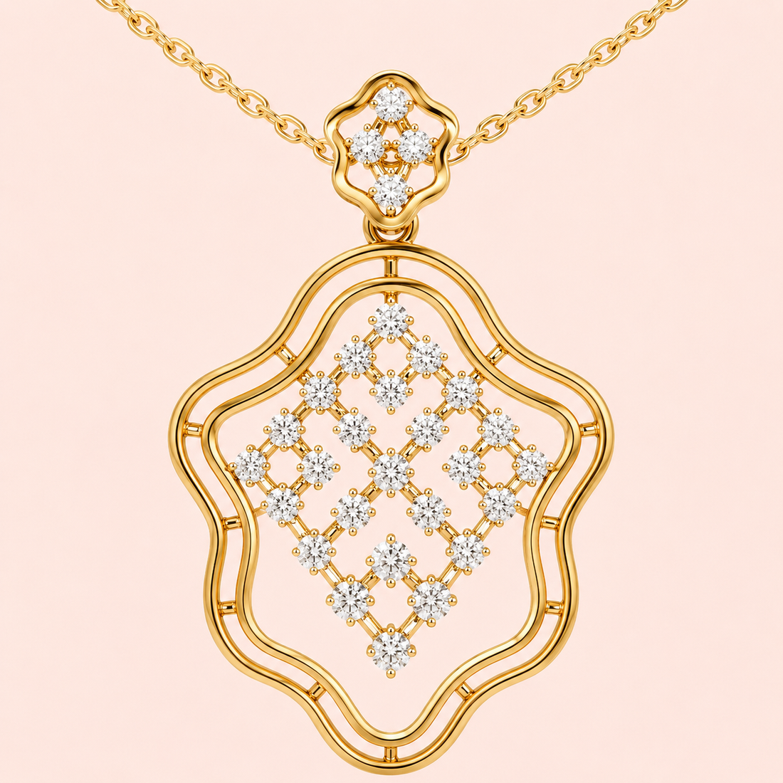 A gold pendant necklace featuring a large, openwork quatrefoil-shaped pendant adorned with a diamond-patterned diamond lattice, suspended from a delicate gold chain against a soft pink background.