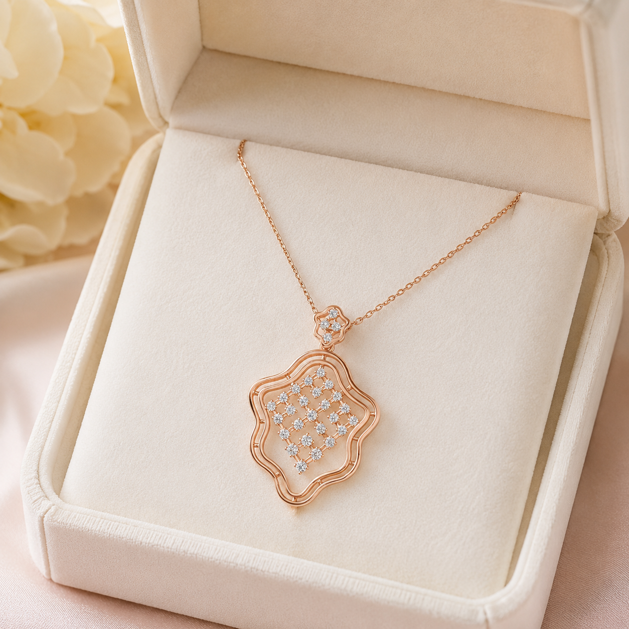 A rose gold pendant necklace with a pavé-set diamond design, displayed inside an open cream-colored jewelry box.