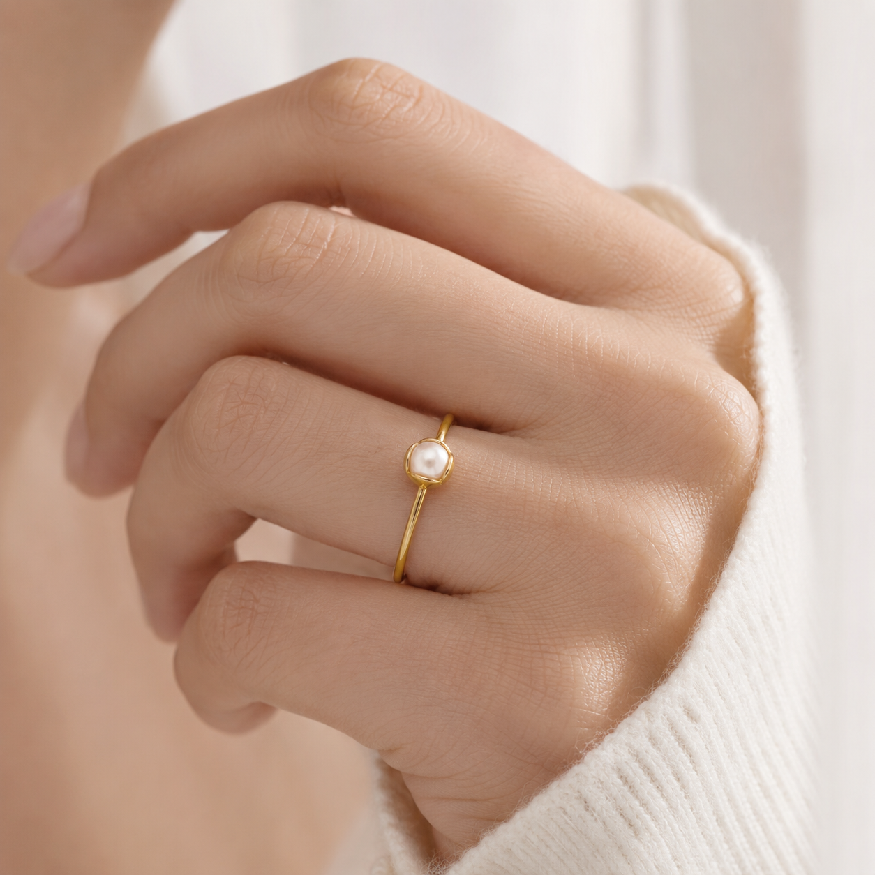 A close-up of a hand wearing a delicate gold ring with a small white pearl bezel-set on a soft, light-colored knit sweater.