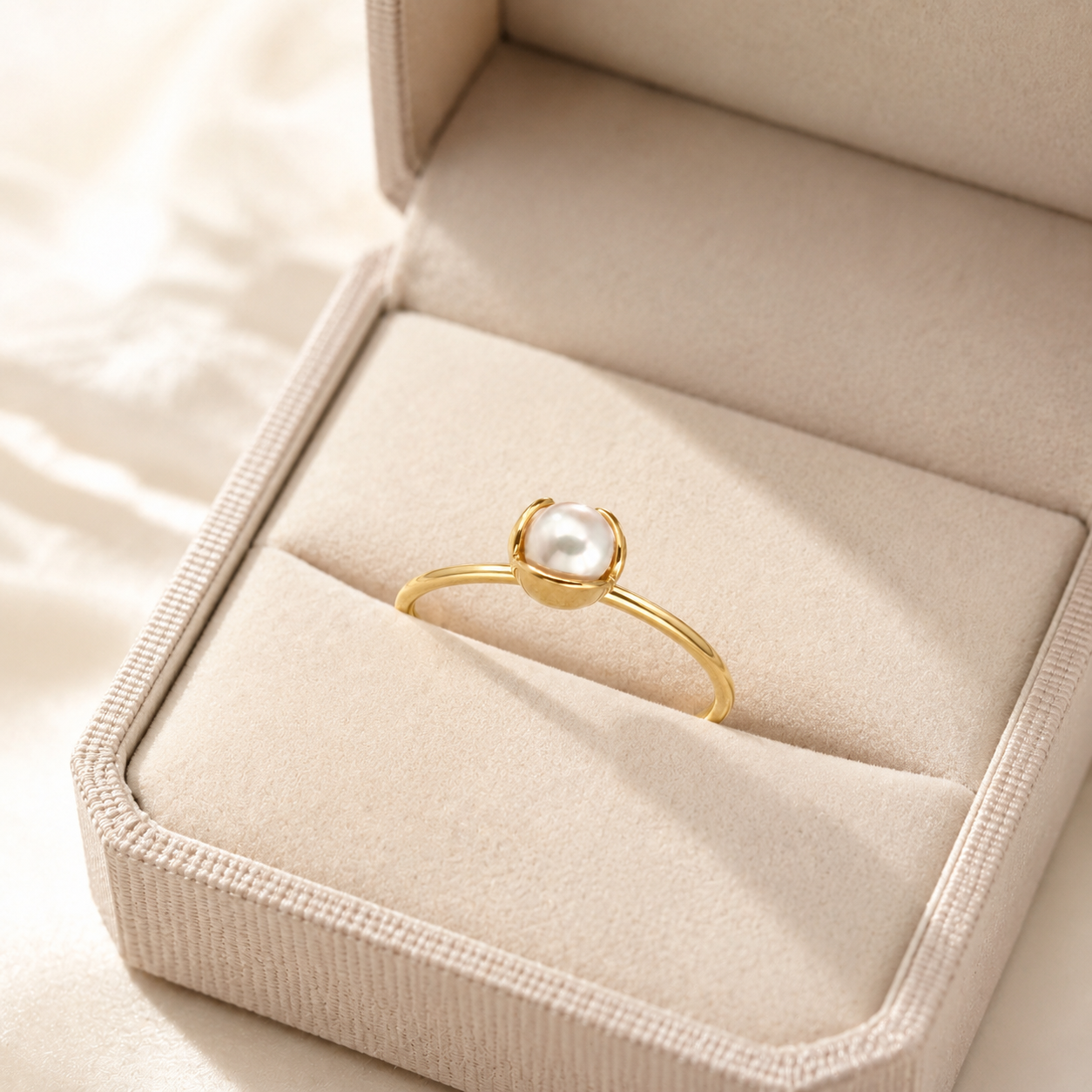 A gold ring with a single white pearl set in a small dome, displayed inside a beige jewelry box.