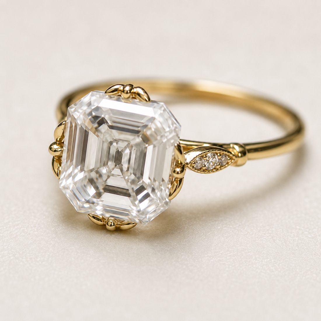A yellow gold ring featuring a large emerald-cut clear gemstone in a prong setting, with a small marquise-cut accent on the band, shown on a light beige background.