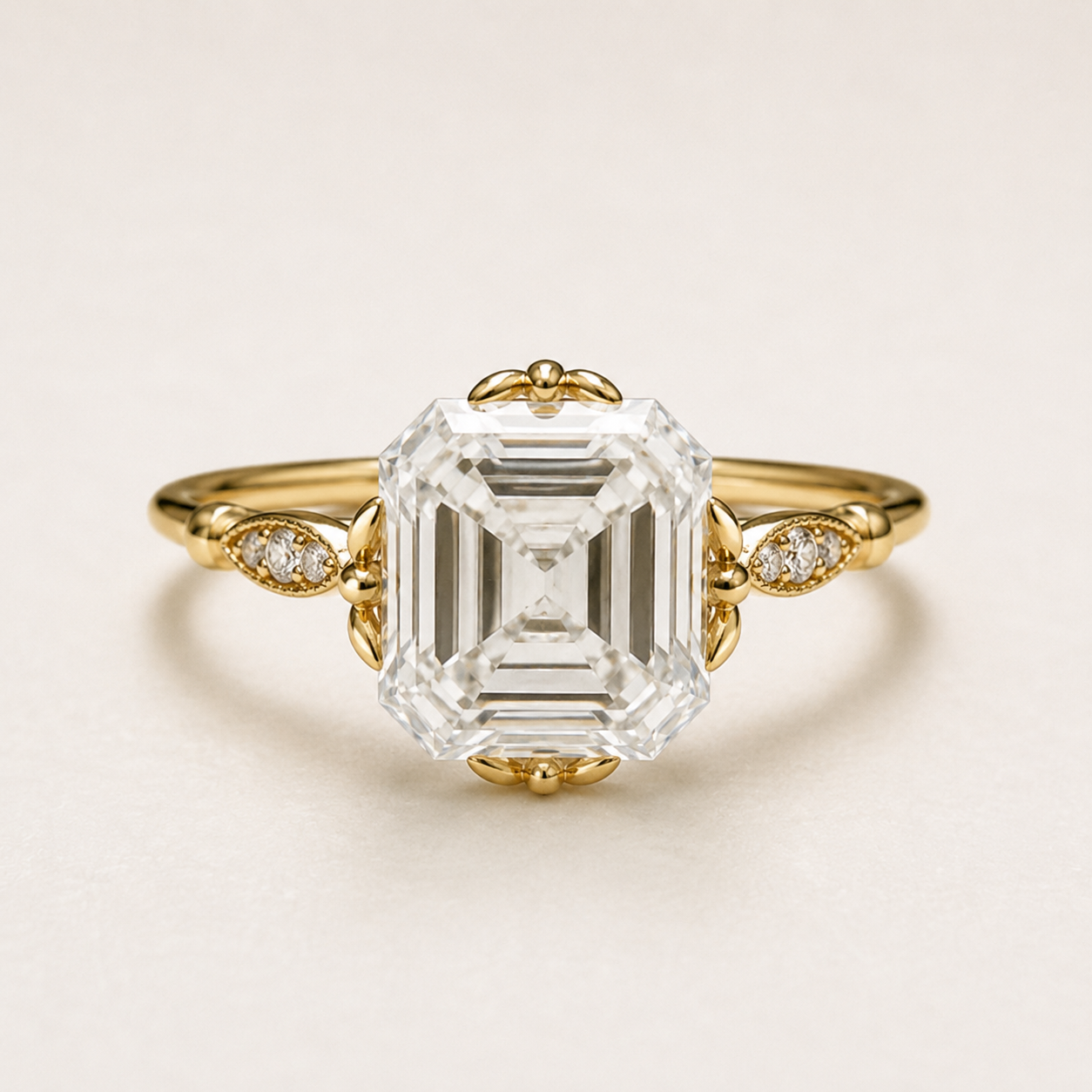 A yellow gold ring featuring a large emerald-cut clear center stone and small accent diamonds on the band, photographed on a clean off-white background.