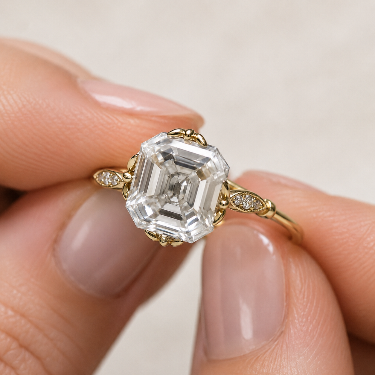 A close-up of a hand holding a yellow gold ring with a large emerald-cut clear center stone and small side stones.