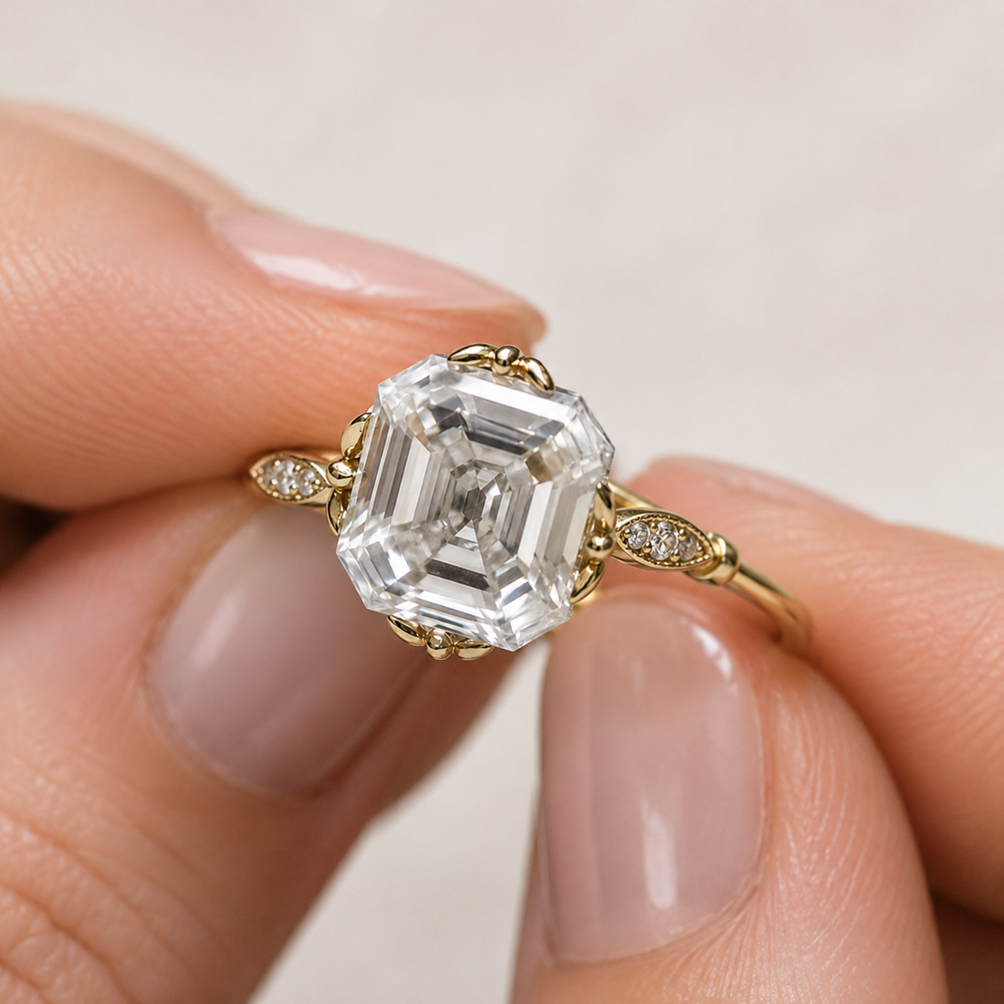 A close-up of a hand holding a yellow gold ring with a large emerald-cut clear center stone and small side stones.
