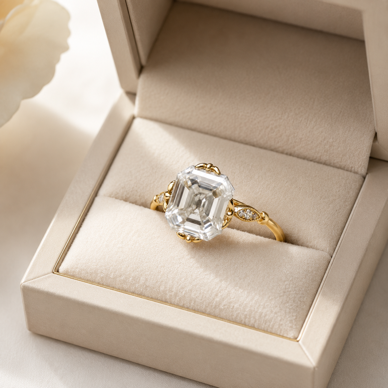 A gold ring with a large emerald-cut clear gemstone and small side stones, displayed in an open cream jewelry box.