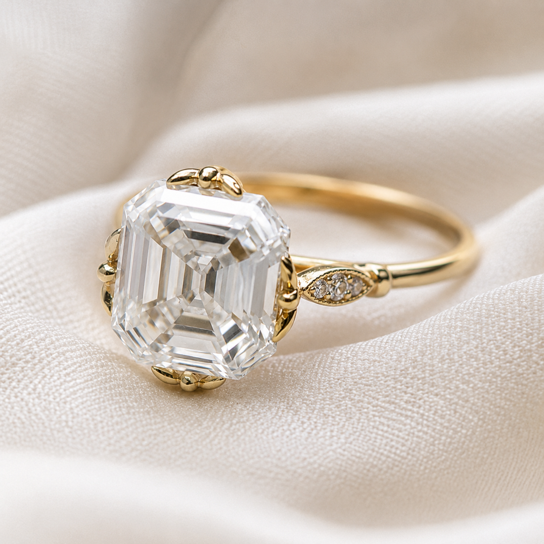 A yellow gold ring featuring a large, clear emerald-cut center stone and a small diamond accent on the band, resting on a soft, draped cream-colored fabric.