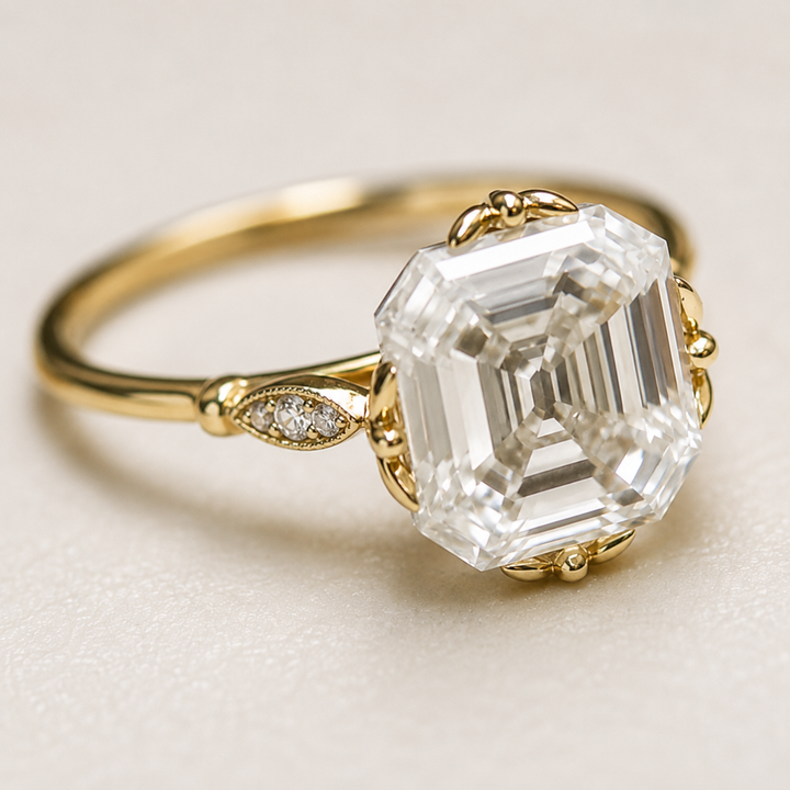 A yellow gold ring featuring a large, clear emerald-cut center stone and a small marquise-cut accent on the band, set against a soft, light beige background.