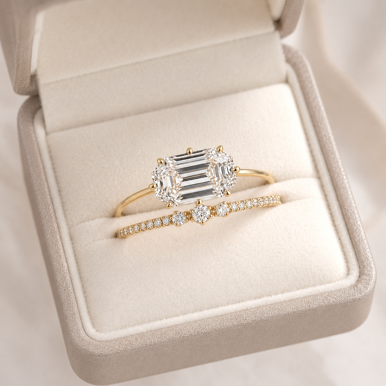 A gold ring set displayed in a beige jewelry box, featuring a yellow gold ring with a large emerald-cut center stone and two smaller round stones, alongside a matching gold band with pavé-set round stones.