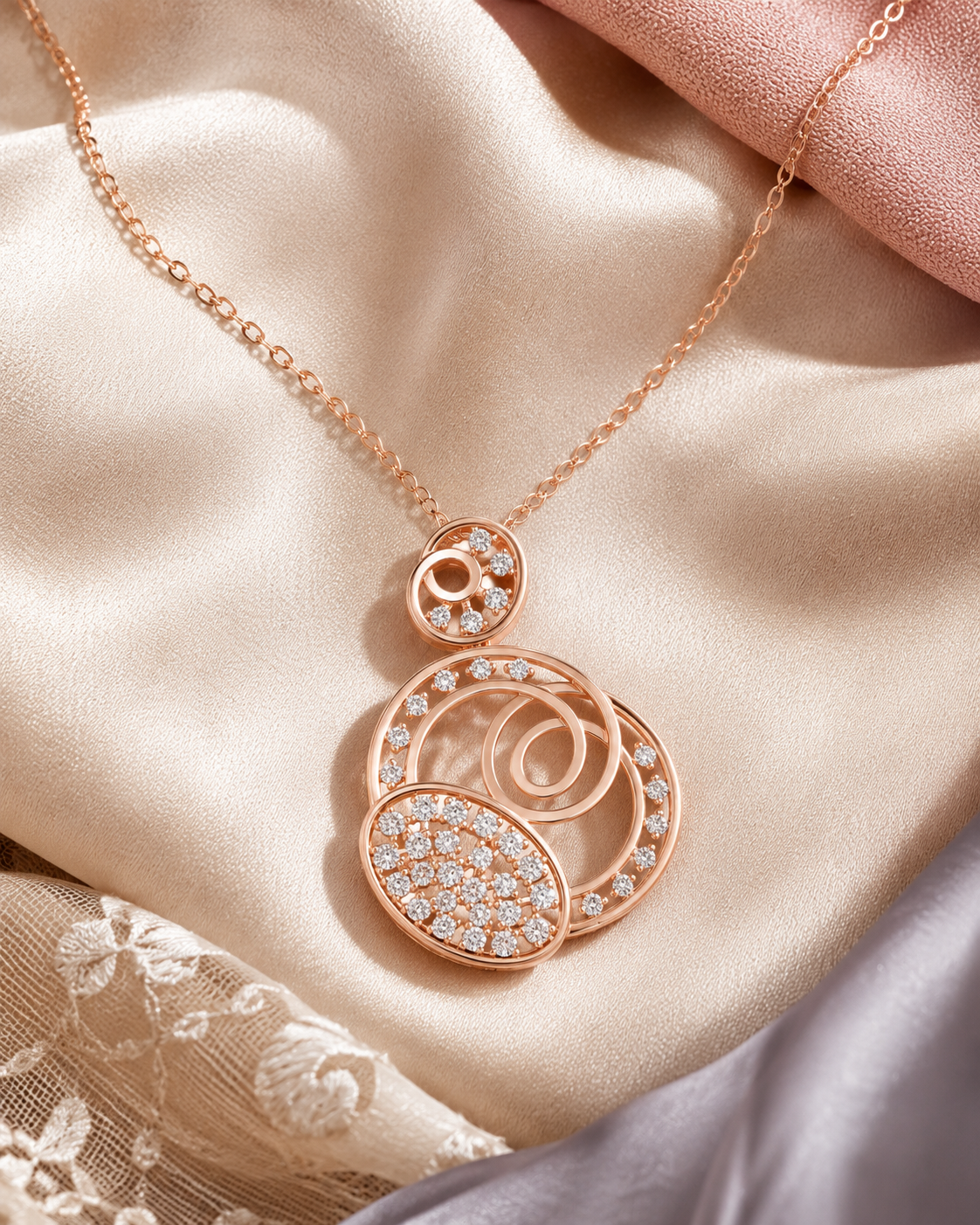Rose gold necklace with a layered, geometric pendant set with small clear crystals, displayed on draped champagne satin fabric.