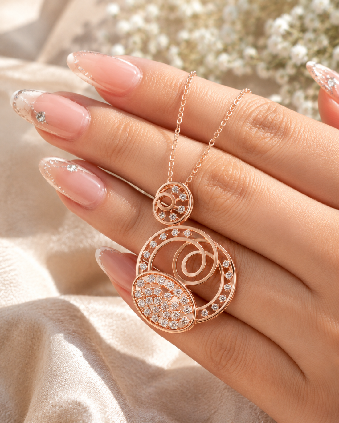 A rose gold necklace with a multi-layered pendant featuring pavé-set clear crystals and interlocking circular motifs, held on a hand with manicured nails against a soft beige fabric background.
