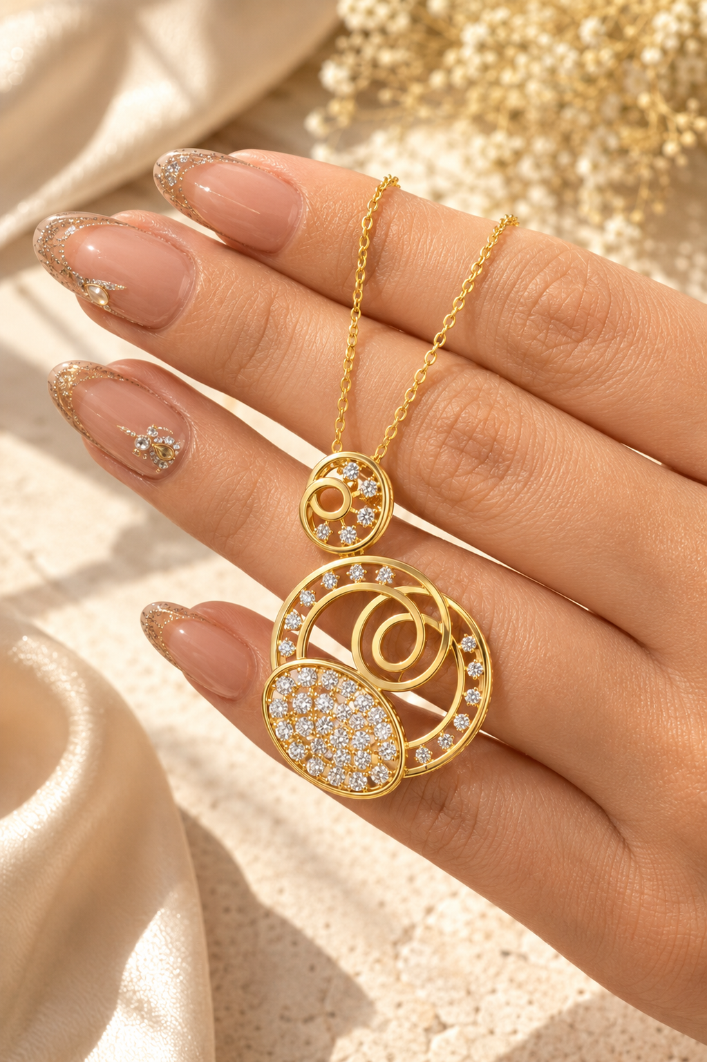 A gold pendant necklace with a circular, sunburst-like design set with small clear stones, held on a person's hand against a warm beige background with soft fabric and glitter textures.