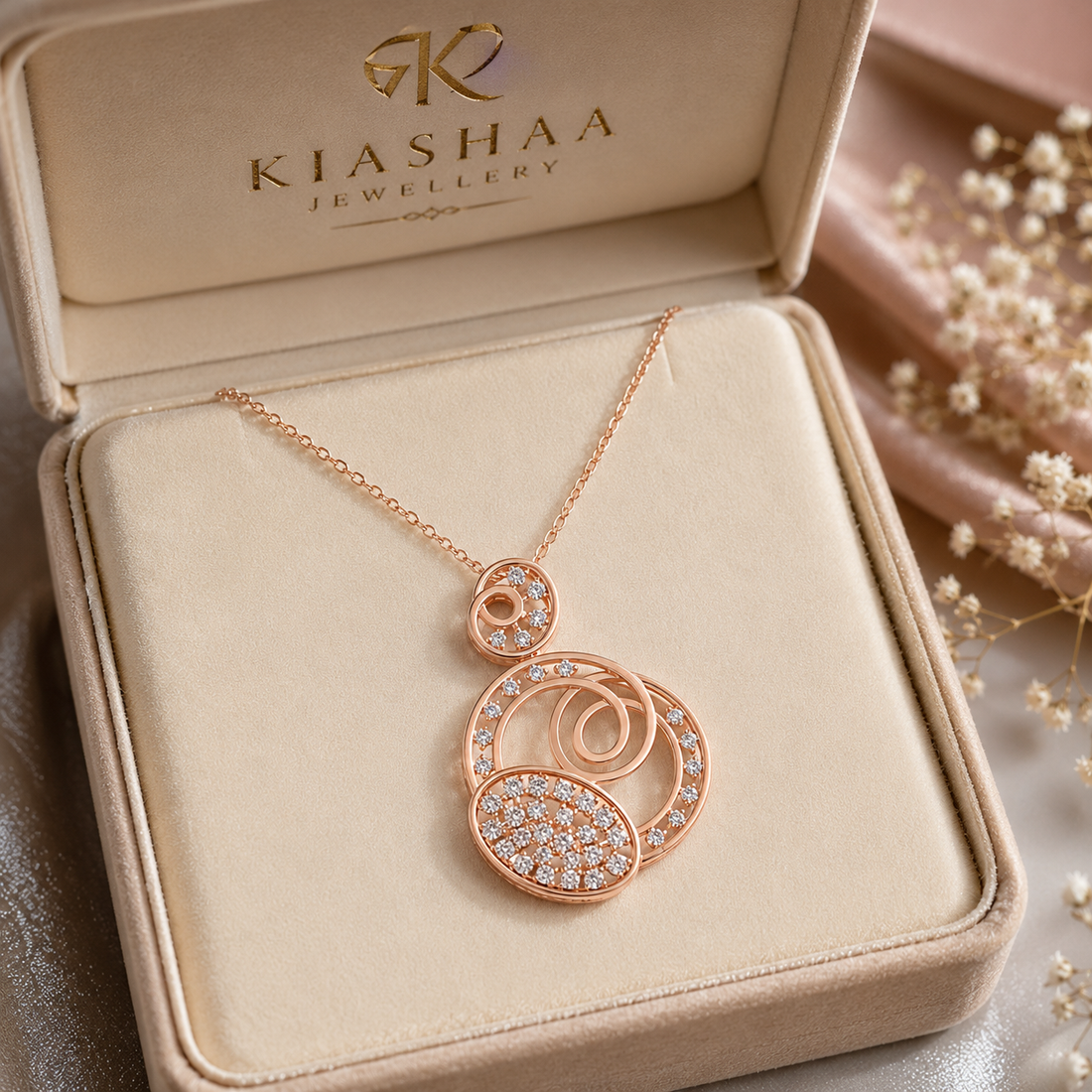 A rose gold pendant necklace with clear pavé-set stones and openwork circular details, displayed on a cream velvet jewelry box lid branded KIASHAA JEWELLERY. The necklace includes a small circular charm and a larger layered pendant.