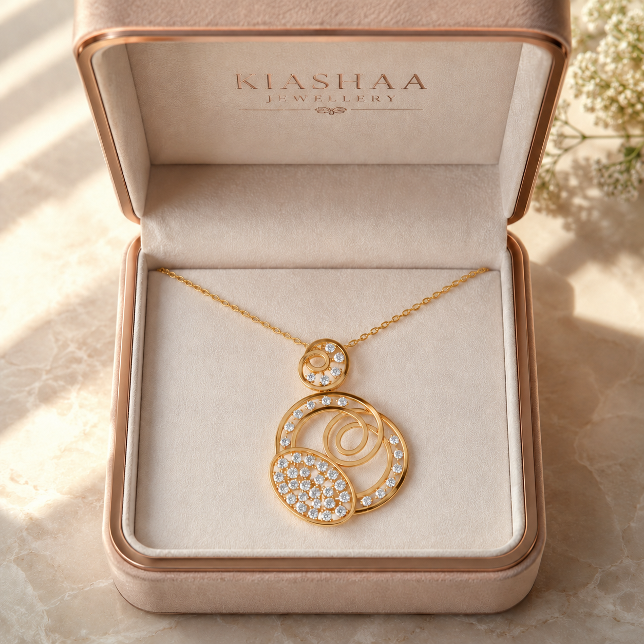 A gold pendant necklace with clear pavé and round-cut stones, displayed inside an open blush pink jewelry box branded KIASHAA JEWELLERY.