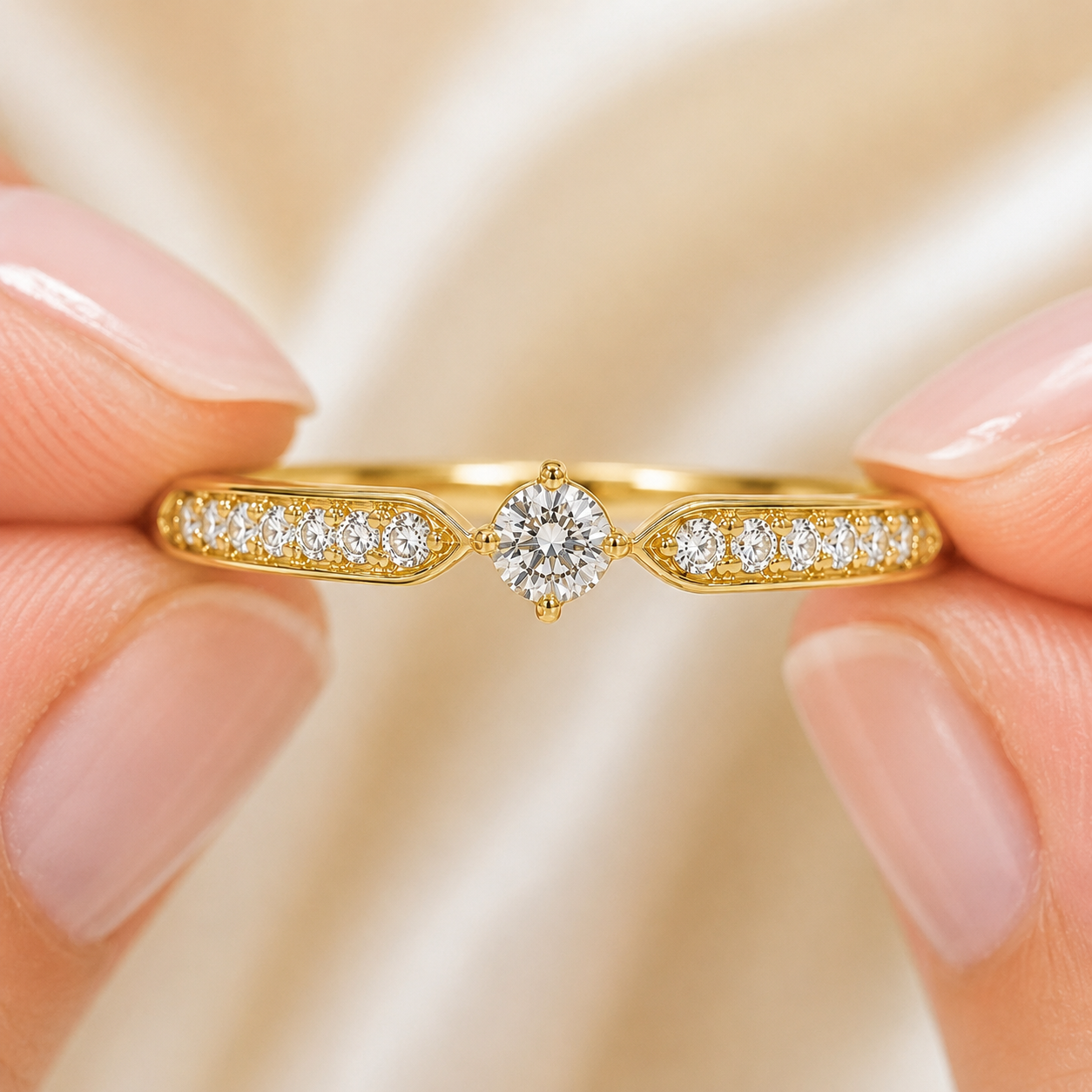 A close-up of a gold ring with a round-cut center stone and pavé-set side stones, held between two fingers against a soft beige satin background.