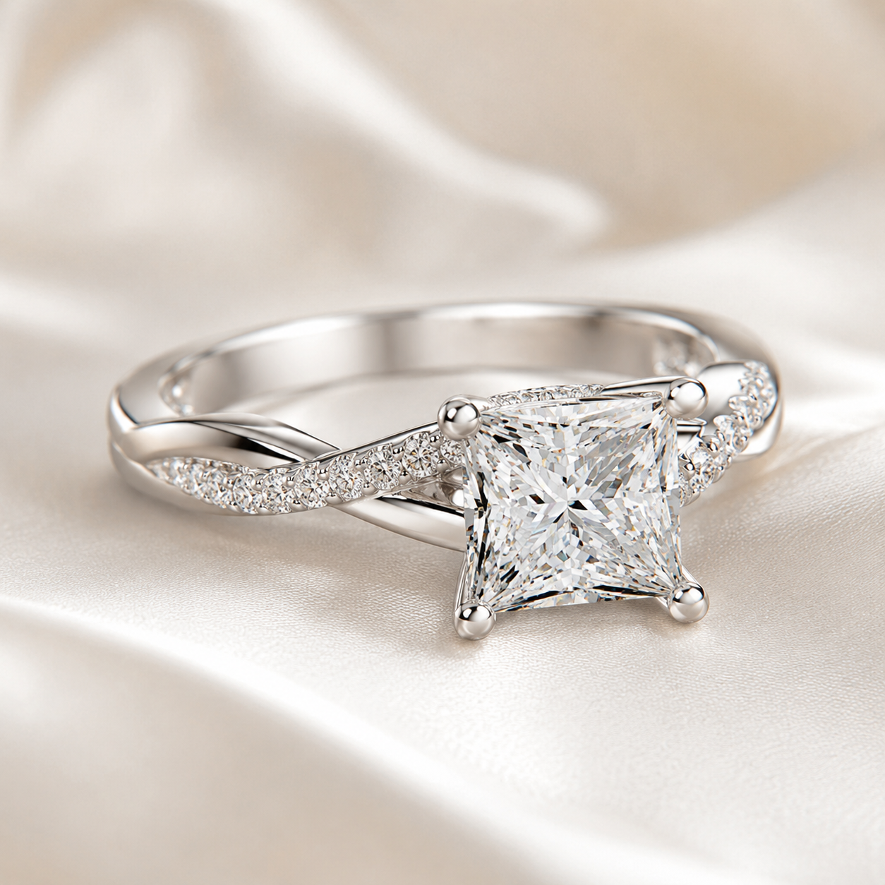 A silver-toned princess-cut diamond engagement ring with a twisted band and pavé accents, displayed on a soft cream satin fabric background.