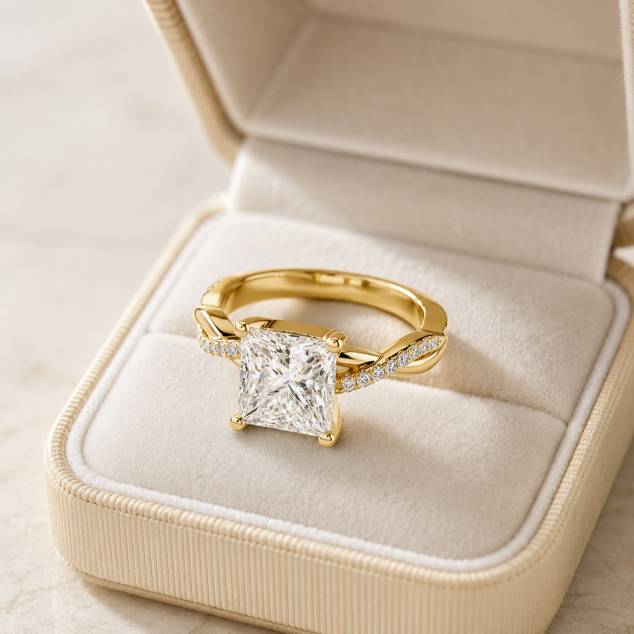 A yellow gold ring with a princess-cut diamond solitaire and small pavé diamonds on the band, displayed inside an open cream-colored jewelry box.