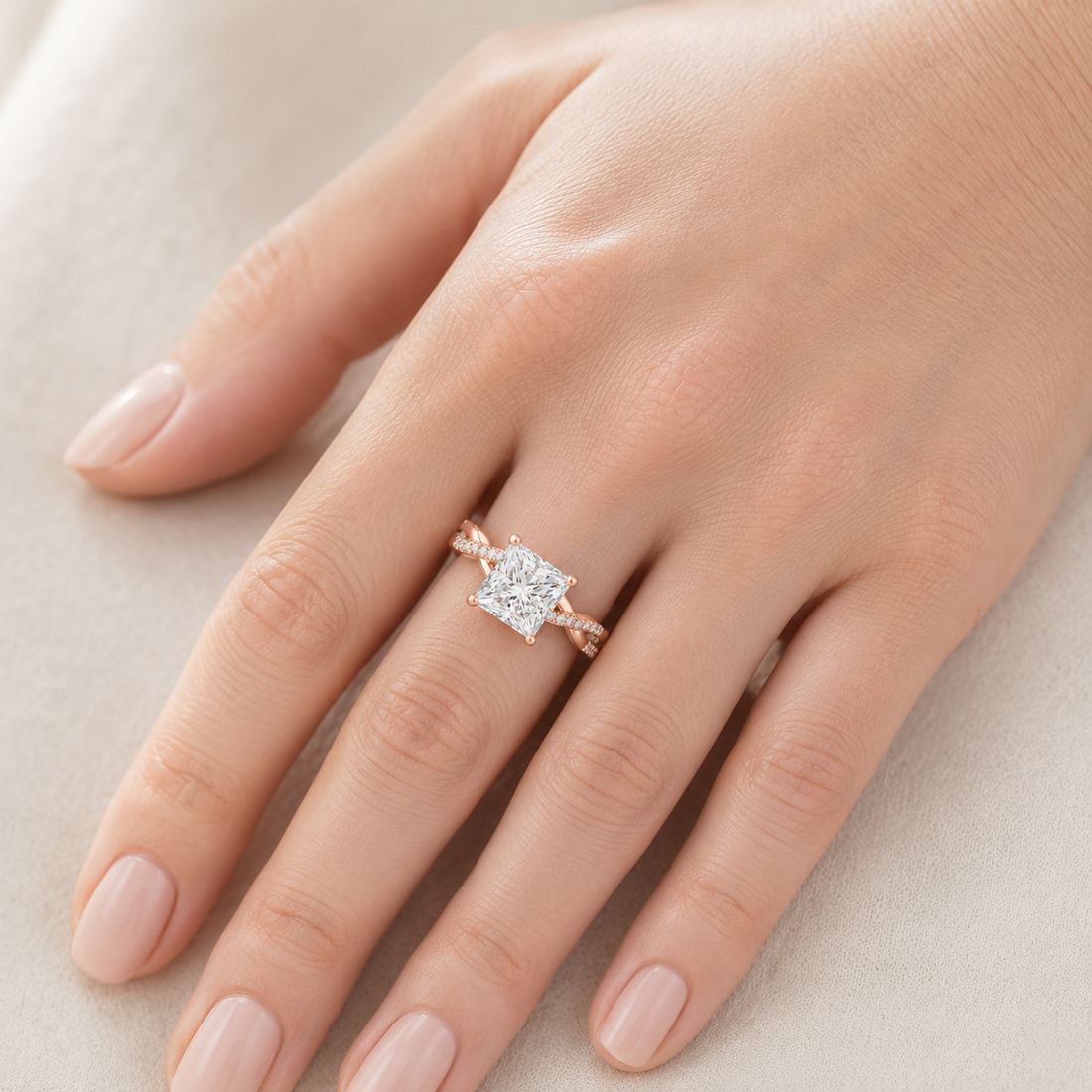 A close-up of a hand wearing a rose gold ring with a square-cut clear gemstone, set against a soft beige background.