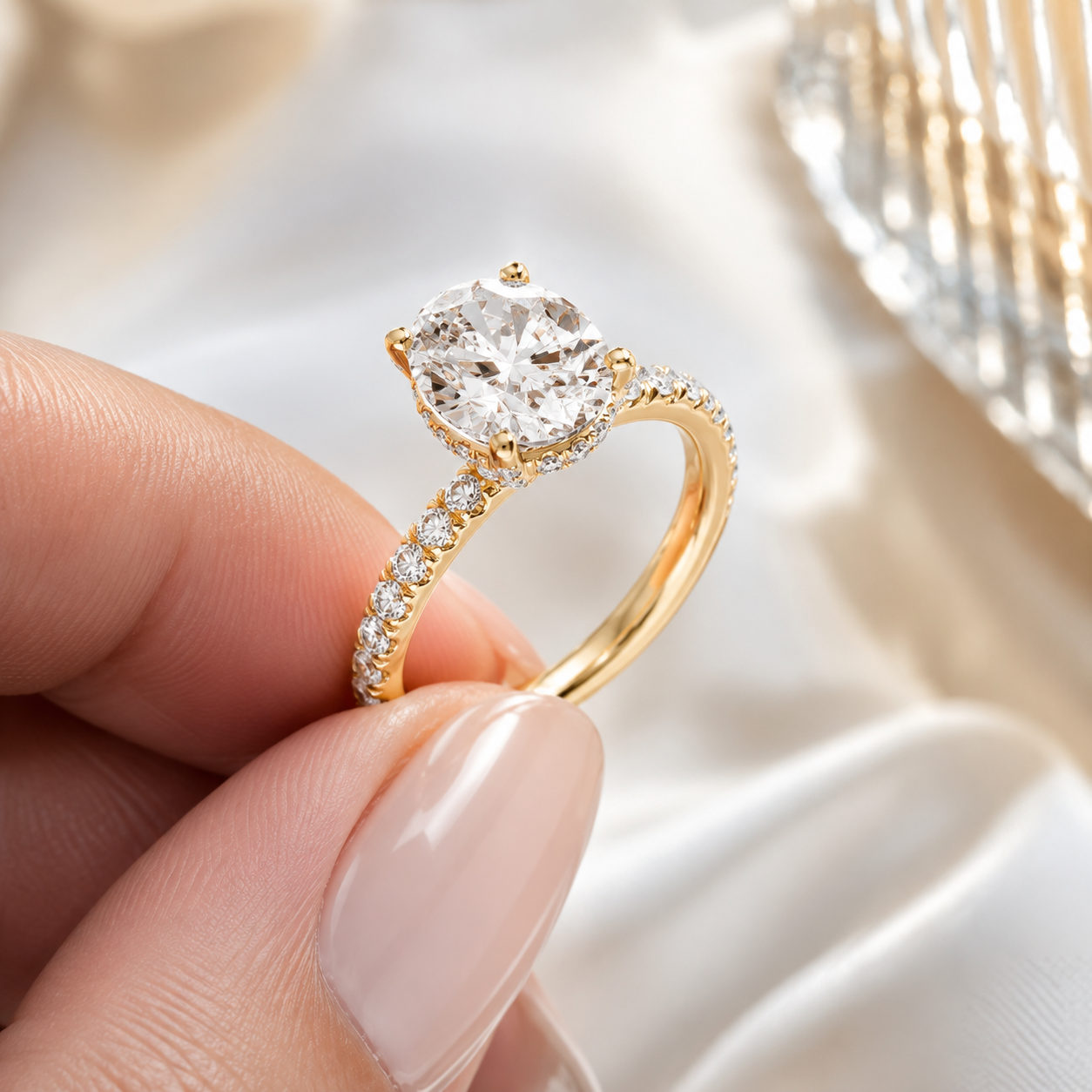 A gold solitaire engagement ring with a round brilliant-cut clear center stone and pavé-set accent stones on the band, held between fingers against a soft white satin background.