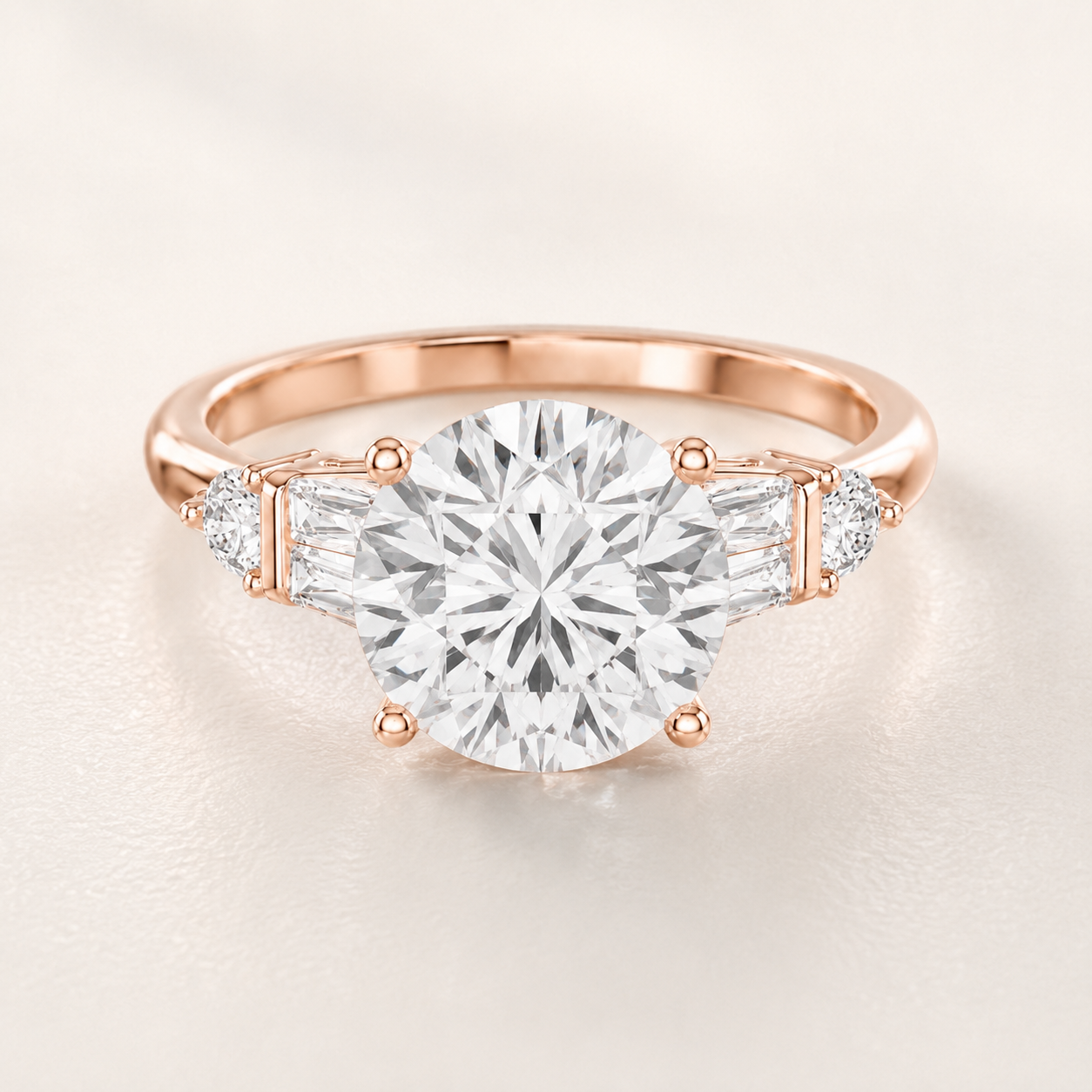 A rose gold engagement ring featuring a large round-cut center diamond flanked by baguette and round side diamonds, set against a clean, light beige background.