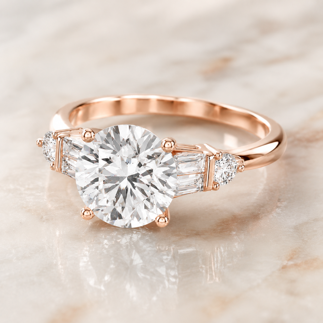 A rose gold engagement ring featuring a large round-cut center diamond flanked by two baguette-cut side diamonds and small round accent diamonds, set on a polished band, resting on a light marble surface.