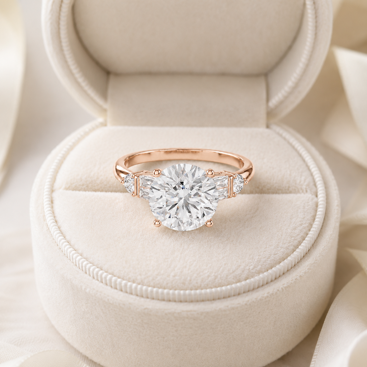 A rose gold engagement ring with a large round-cut center stone and smaller side stones, displayed in an open cream-colored velvet ring box.