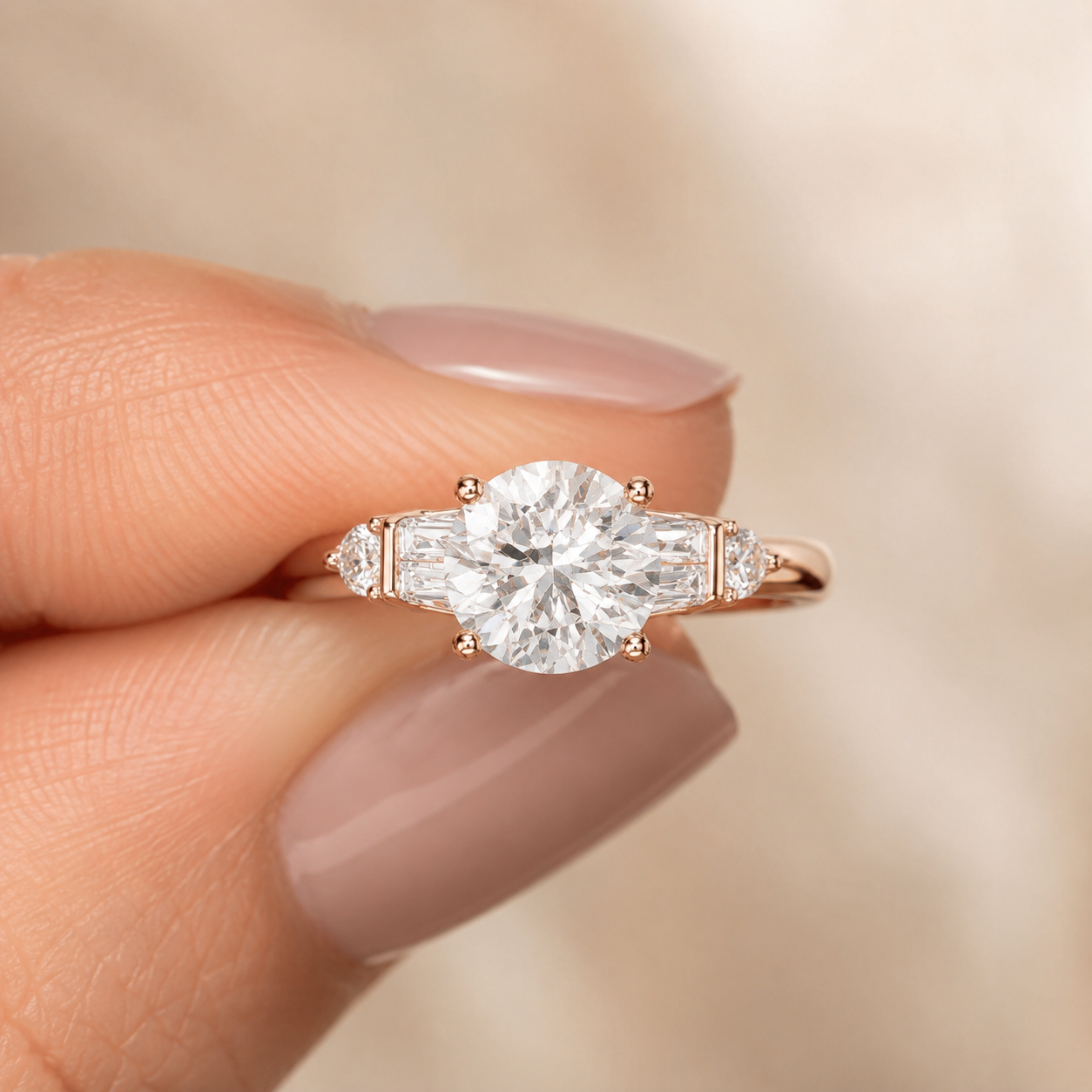 A close-up of a hand with nude manicured nails holding a rose gold engagement ring featuring a large round-cut center stone and smaller side stones, set against a soft, out-of-focus beige background.