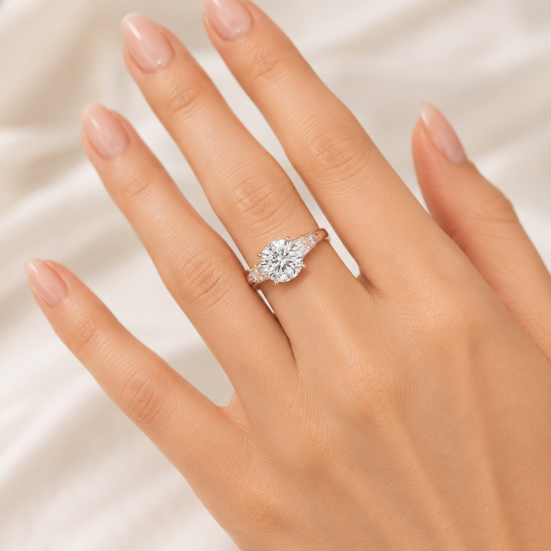 A close-up of a hand wearing a silver-toned diamond engagement ring with a round-cut center stone and small side stones, set against a soft white fabric background.