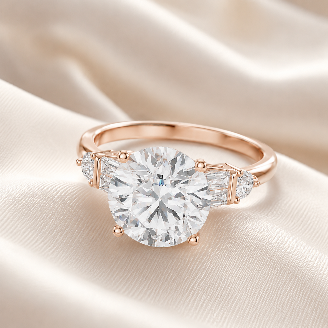 A rose gold engagement ring with a large round-cut center diamond and smaller side diamonds, displayed on a draped cream satin fabric.
