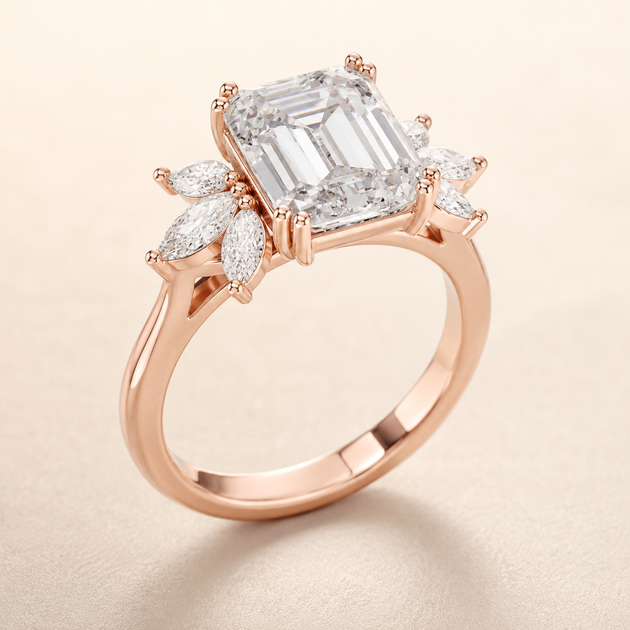 A rose gold engagement ring featuring a large emerald-cut diamond center stone and marquise-cut side diamonds, set against a soft beige background.