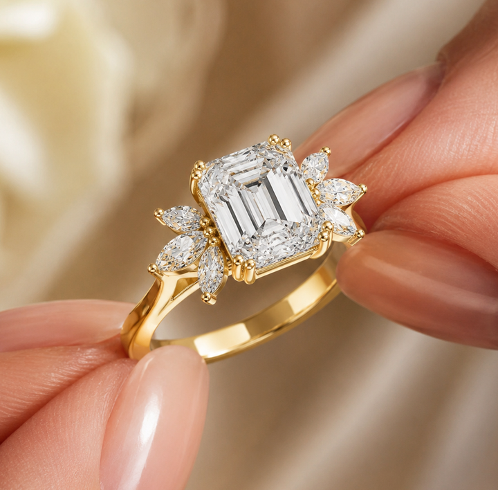 A close-up of a gold ring with a large emerald-cut diamond center stone and smaller diamond accents, held between two fingers against a soft beige background.