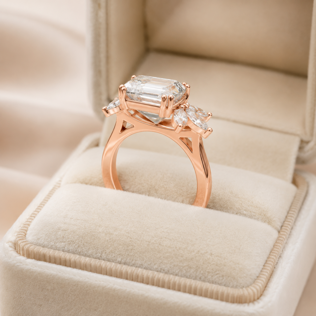 A rose gold three-stone ring with a large emerald-cut center stone and smaller side stones, displayed in an open cream-colored velvet ring box.