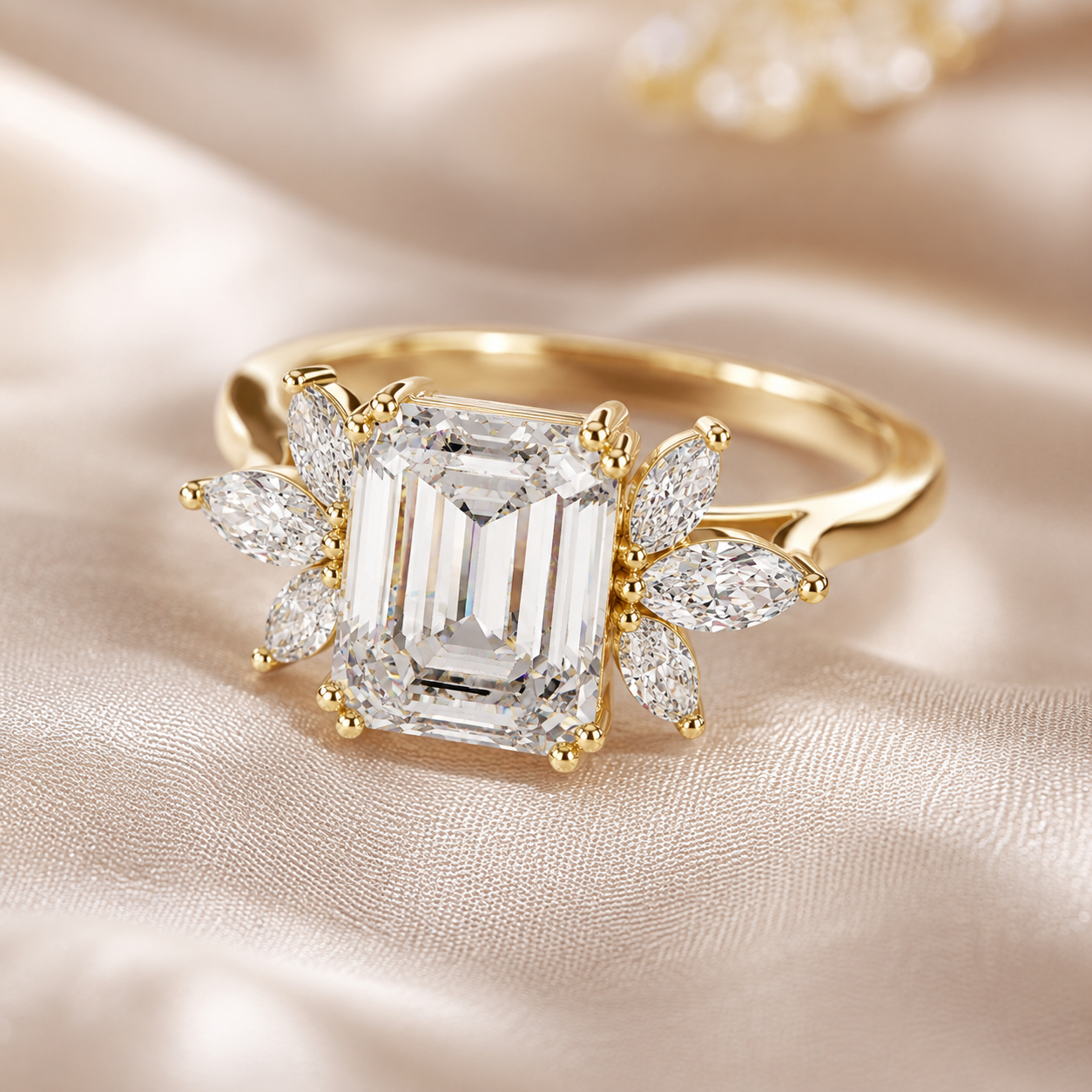 A yellow gold ring featuring a large emerald-cut clear center stone and smaller marquise-cut side stones, displayed on a soft champagne satin fabric background.