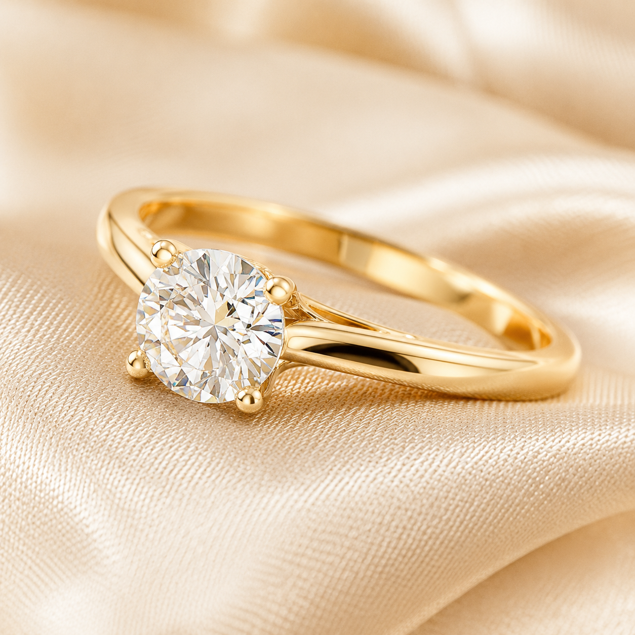 A yellow gold solitaire engagement ring with a round brilliant-cut diamond, resting on a draped beige satin fabric background.