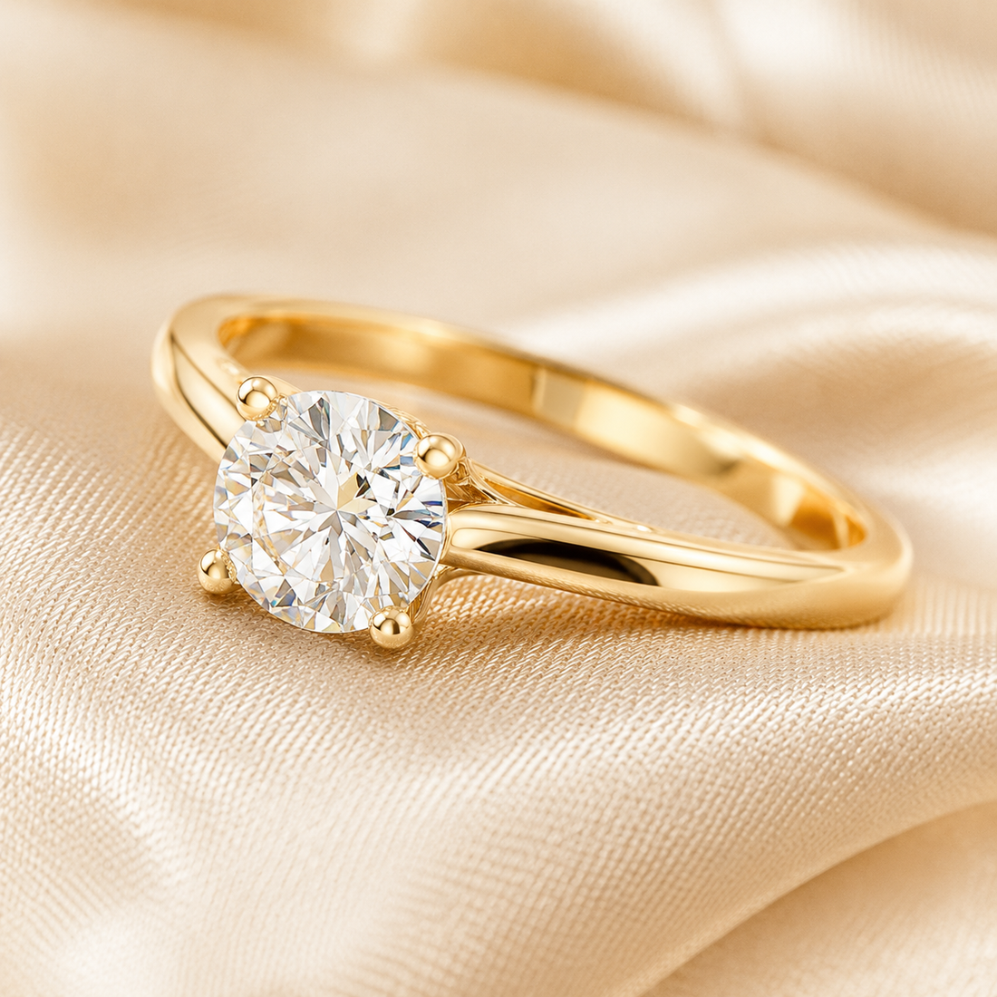 A yellow gold solitaire engagement ring with a round brilliant-cut diamond, resting on a draped beige satin fabric background.