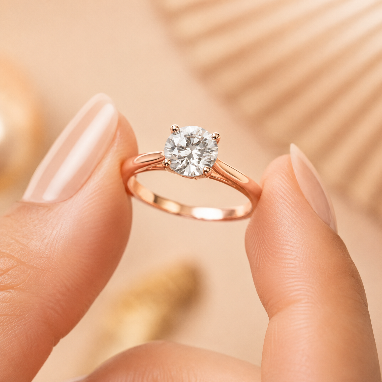A close-up of a rose gold solitaire ring with a round-cut clear gemstone held between two fingers against a warm beige background.