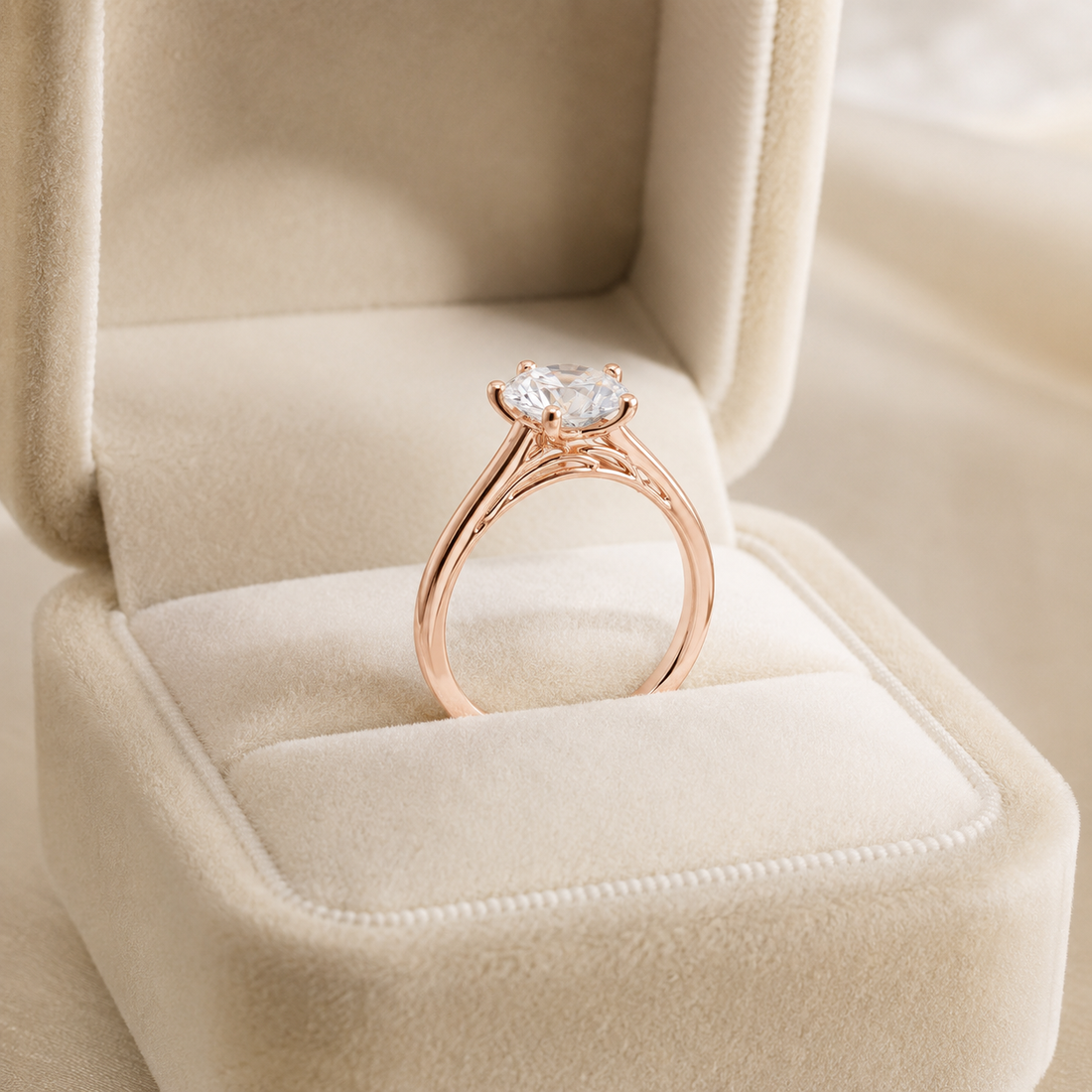 A rose gold solitaire ring with a clear marquise-cut gemstone displayed inside an open cream-colored velvet ring box.