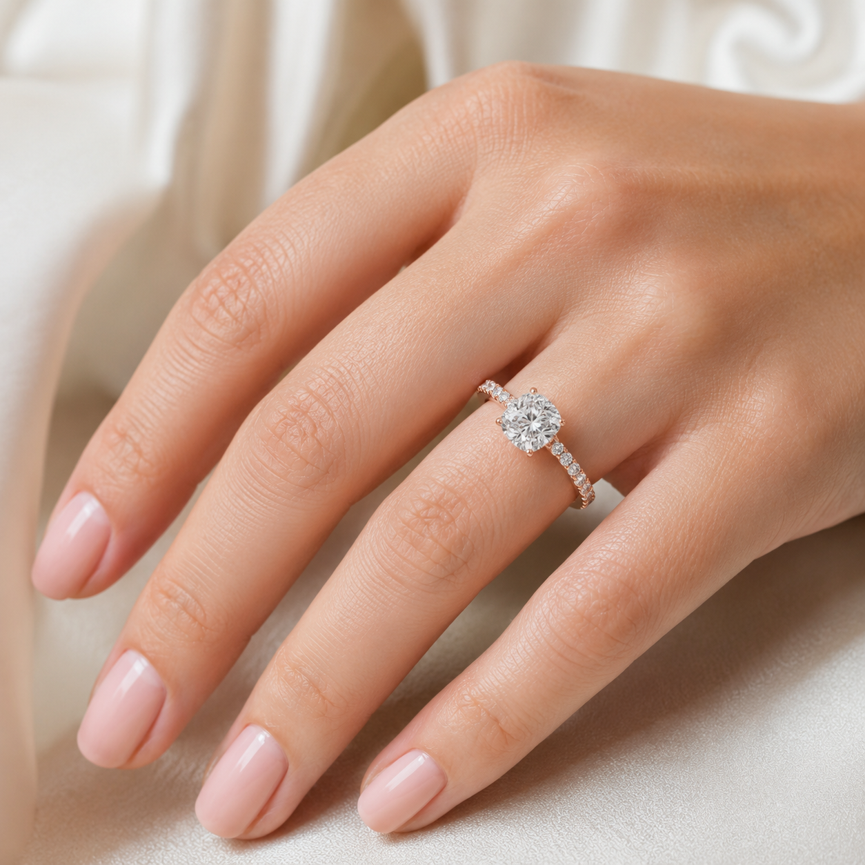 A close-up of a hand wearing a silver engagement ring with a round-cut center stone and small side stones, set against a soft cream fabric background.