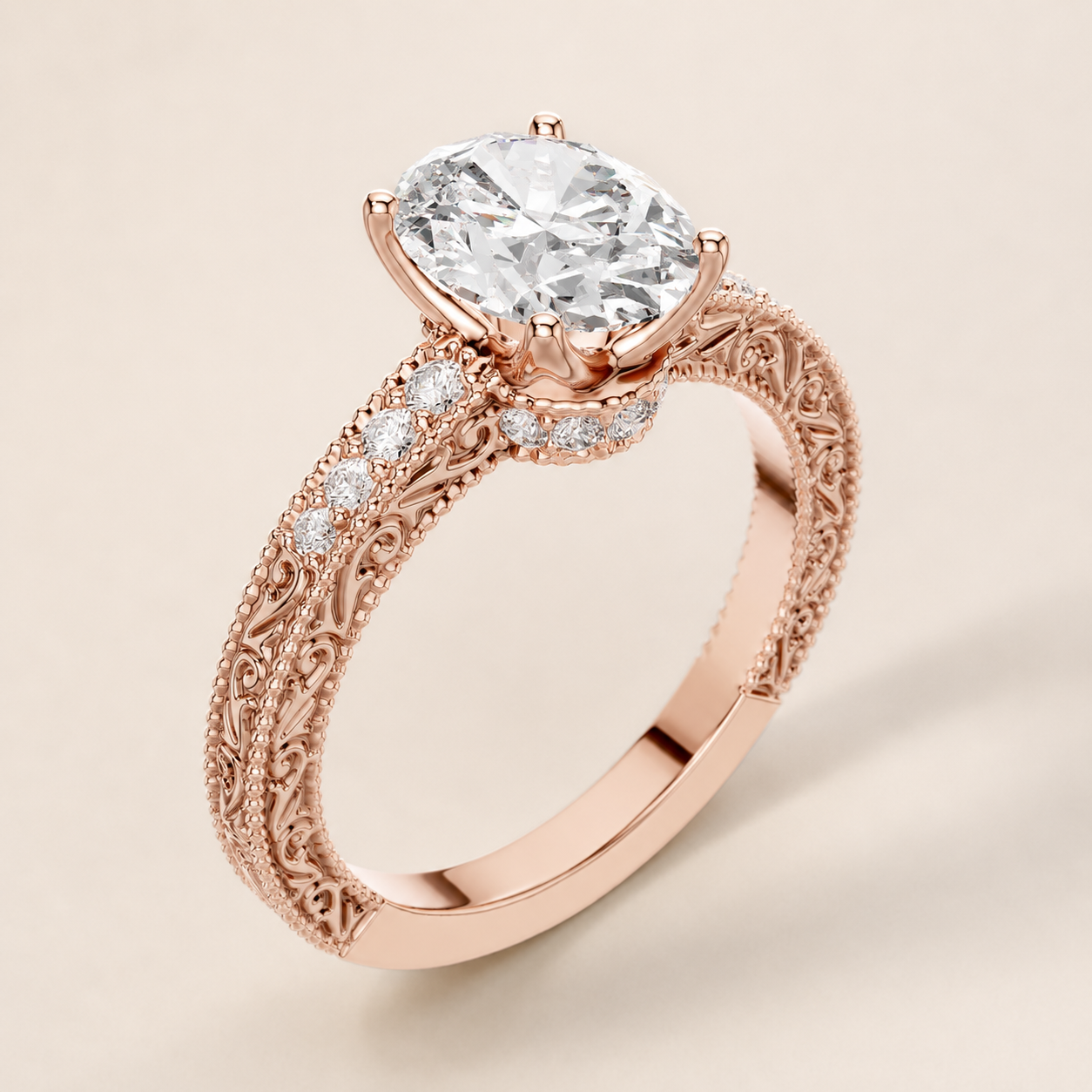 Rose gold engagement ring with a cushion-cut diamond center stone and small diamonds along the band, set against a warm cream background.