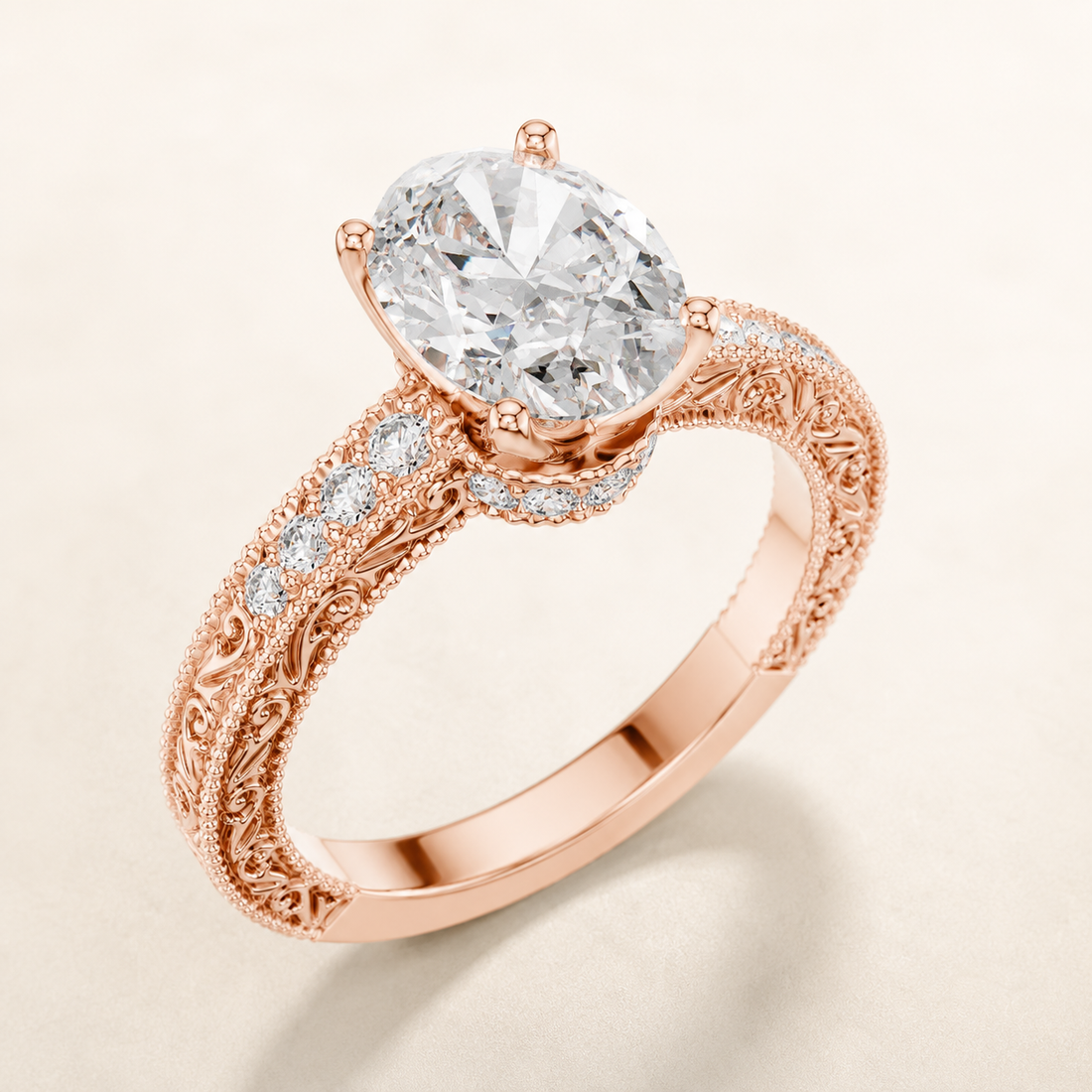 Rose gold engagement ring with an oval-cut diamond center stone and a shank paved with small diamonds, shown on a light cream background.