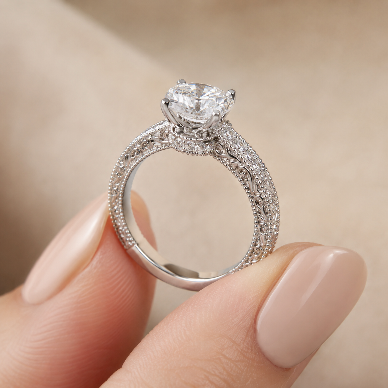 A close-up of a silver engagement ring with a round-cut center stone and pavé-set band, held between fingers against a soft beige background.