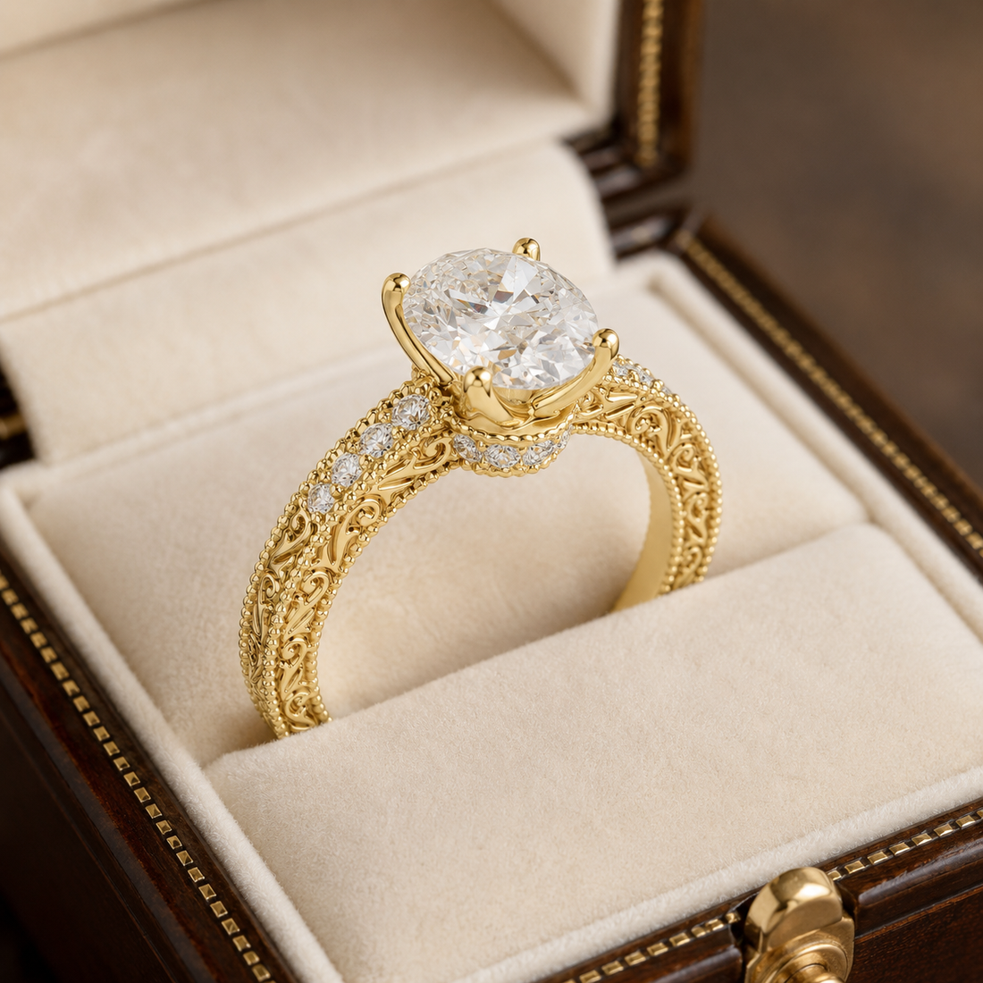 A yellow gold engagement ring with a large oval-cut clear center stone and a detailed filigree band, displayed inside an open cream velvet jewelry box.
