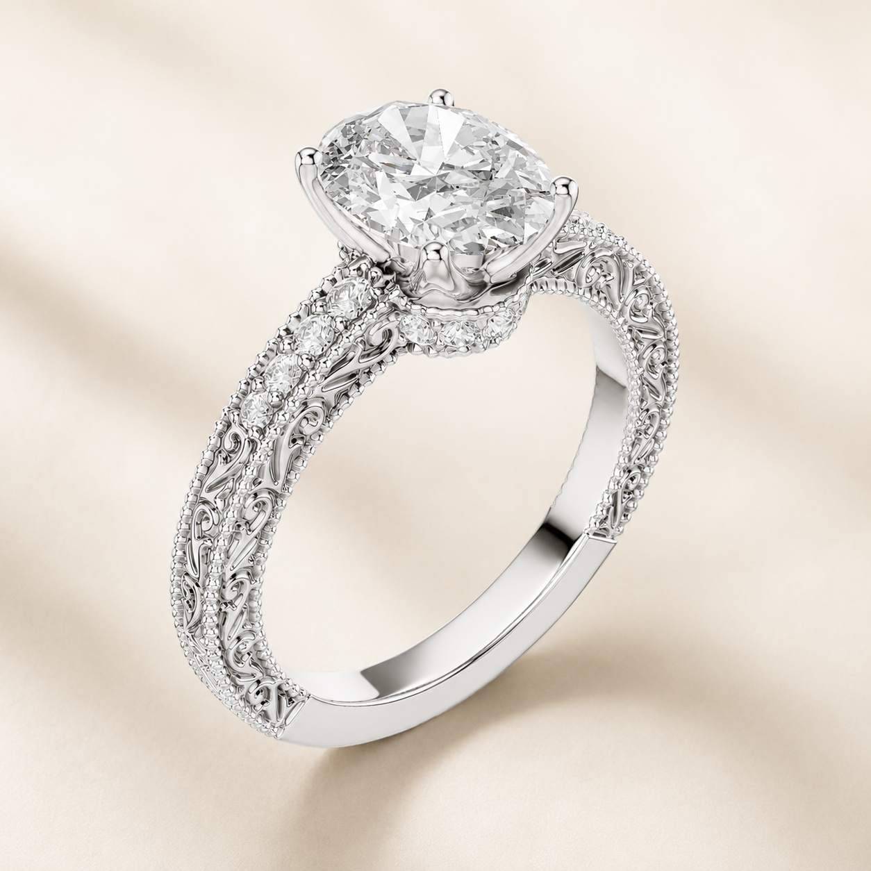 An engagement ring with a large cushion-cut diamond center stone and an ornate filigree band, shown on a soft beige background.