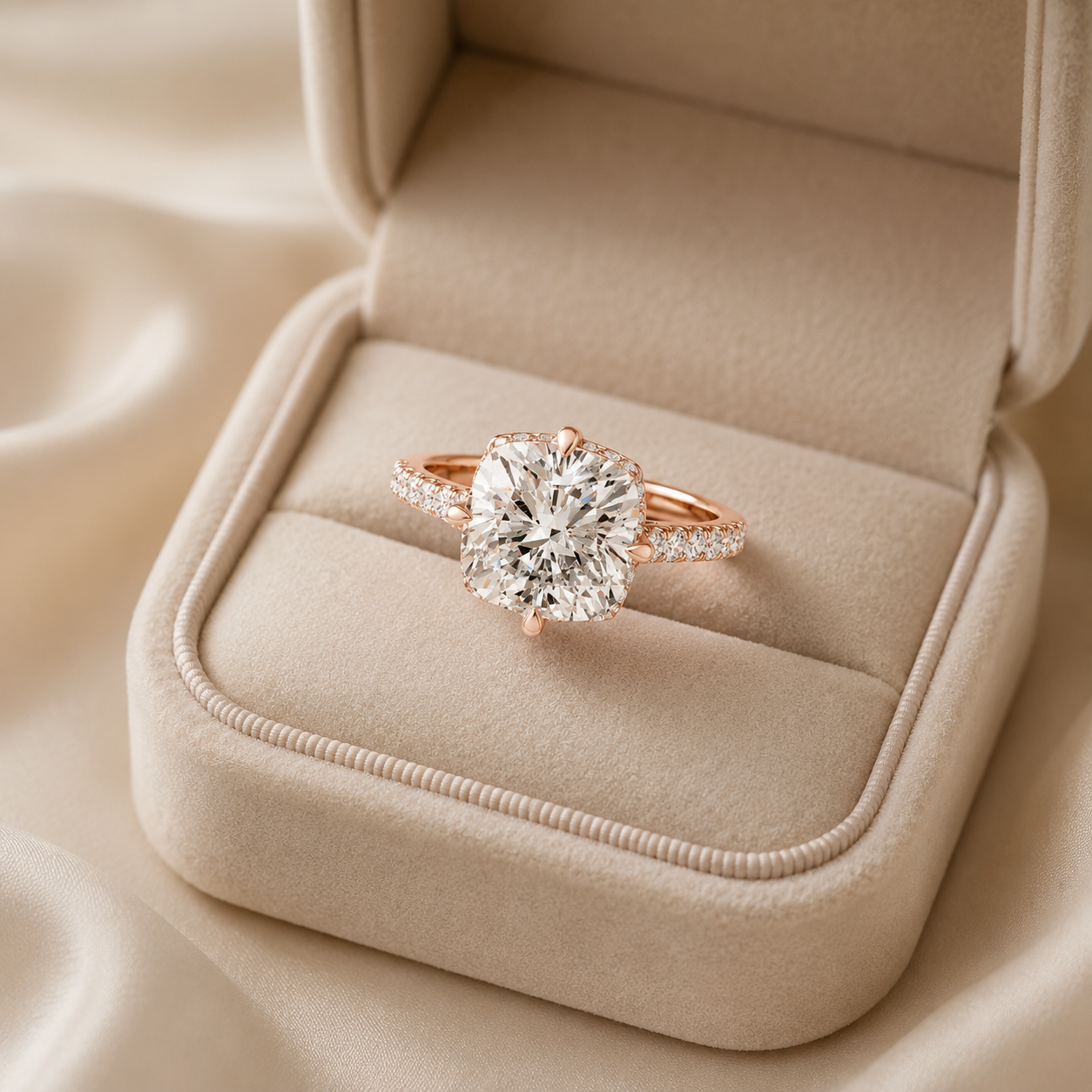 A rose gold ring with a large round-cut diamond and small side diamonds, displayed in an open beige velvet ring box on a soft beige fabric background.