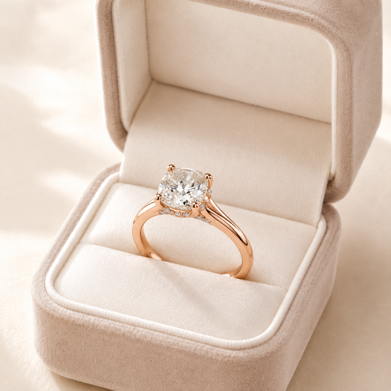 A rose gold solitaire engagement ring with a round brilliant-cut diamond is displayed inside an open champagne-colored velvet ring box.