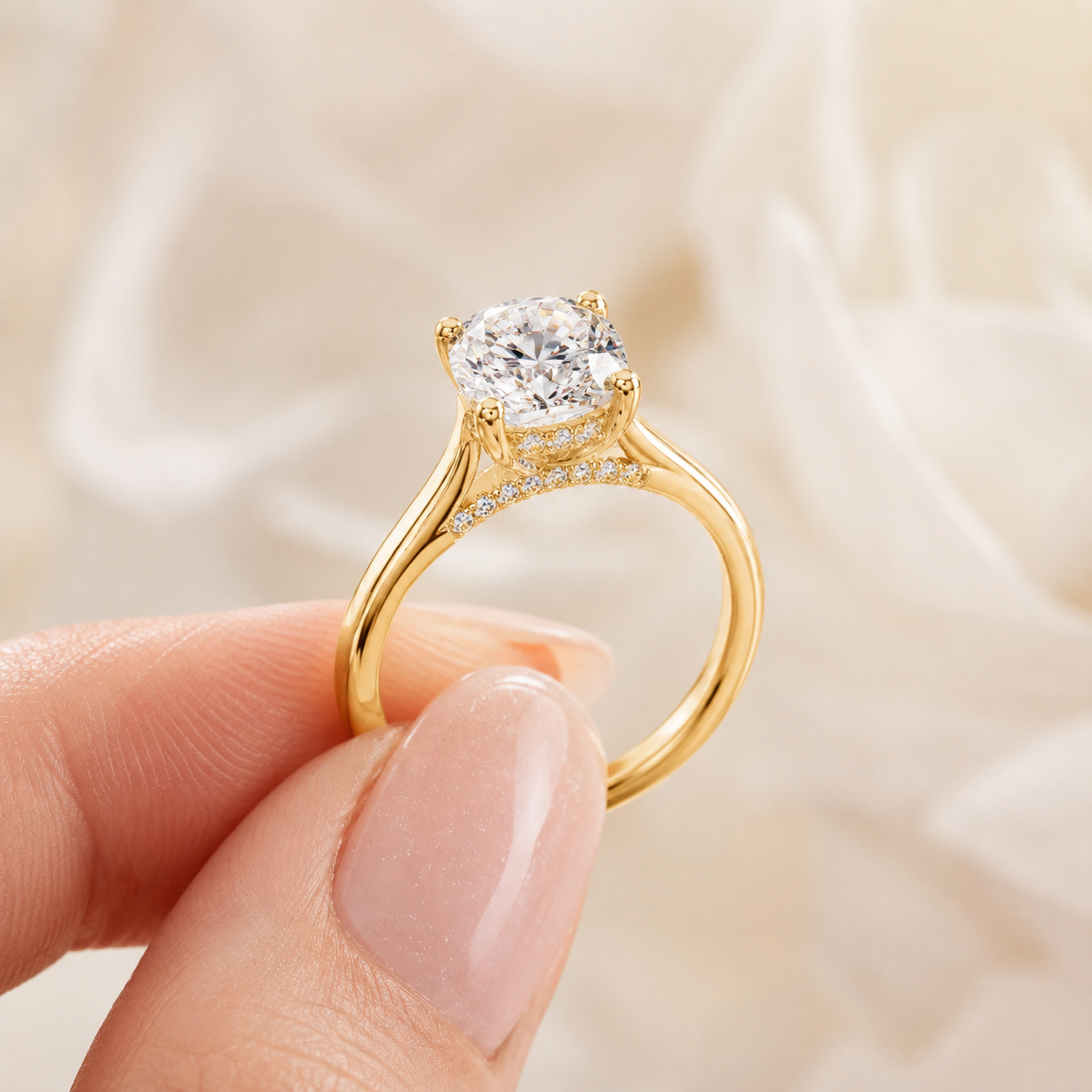 A gold solitaire engagement ring with a round-cut diamond and a pavé band, held between fingers against a soft, out-of-focus white fabric background.