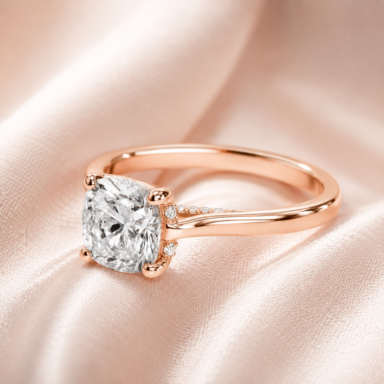 A rose gold engagement ring with a cushion-cut diamond center stone and a small accent diamond on the band, resting on a soft pink satin fabric background.
