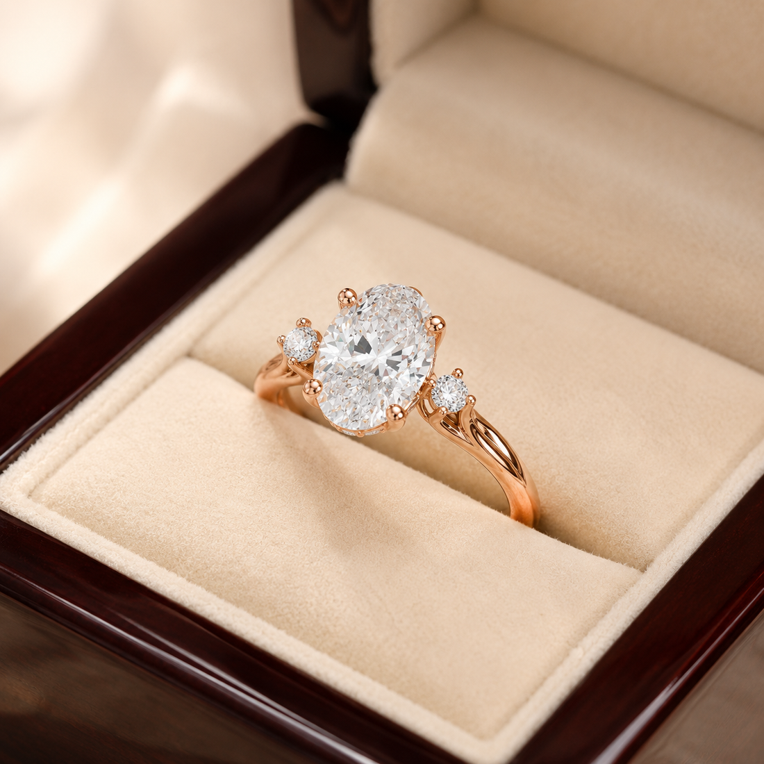 A rose gold ring with a large oval-cut clear center stone and two smaller side stones, displayed in an open cream-colored jewelry box.